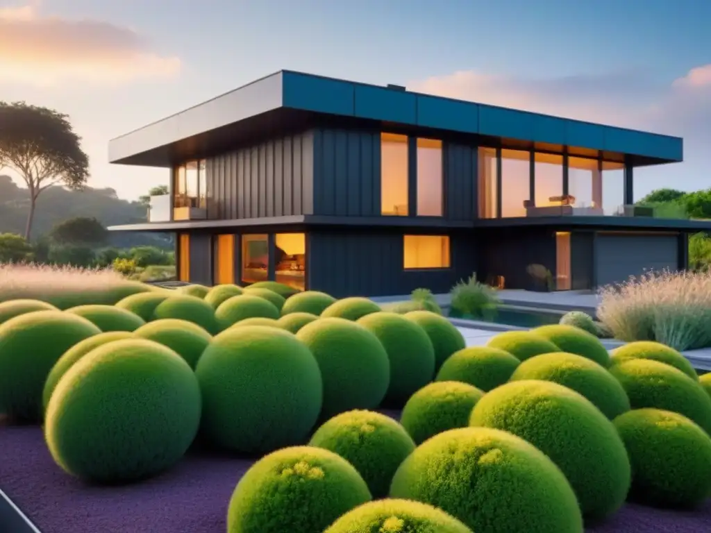 Vista detallada de casa ecológica con paneles solares, techo verde, ventanas eficientes y jardín nativo