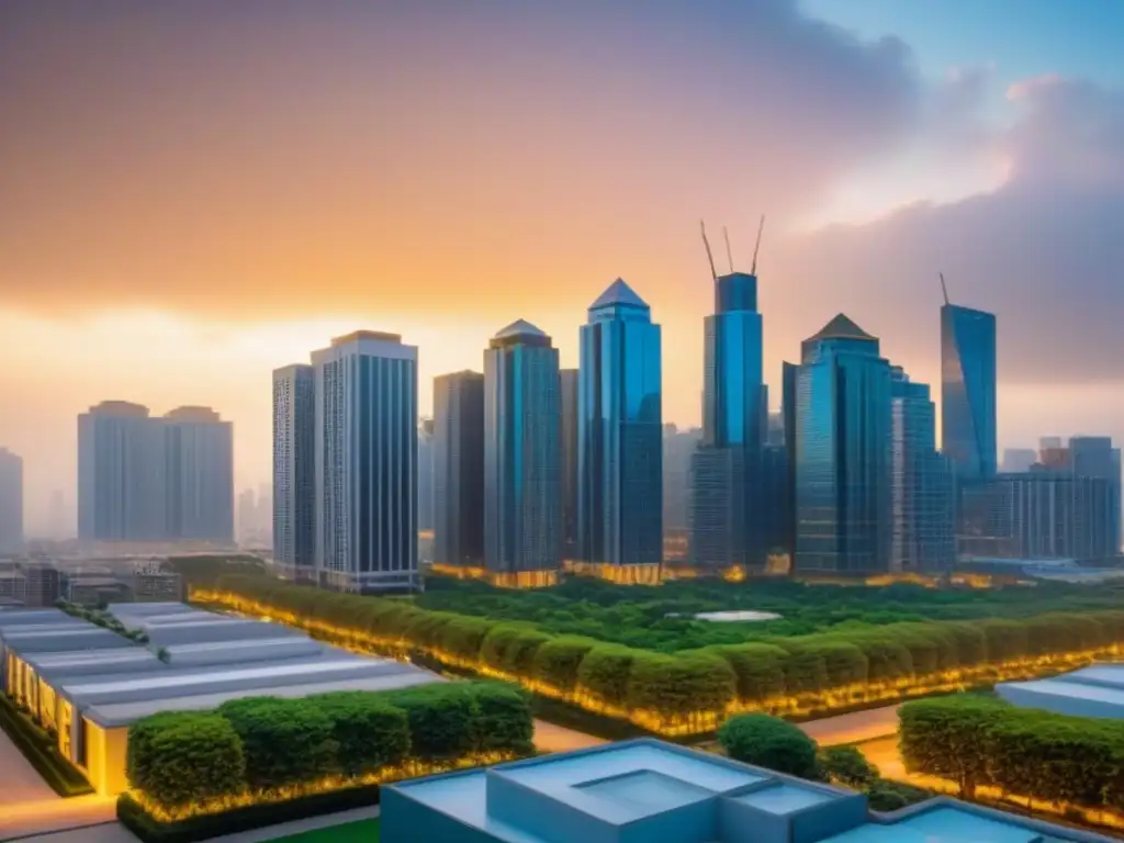 Portafolio diverso de REITs y fondos inmobiliarios en 8k Una vista detallada en 8k de un portafolio diversificado de propiedades inmobiliarias, con arquitectura moderna y paisajismo vibrante