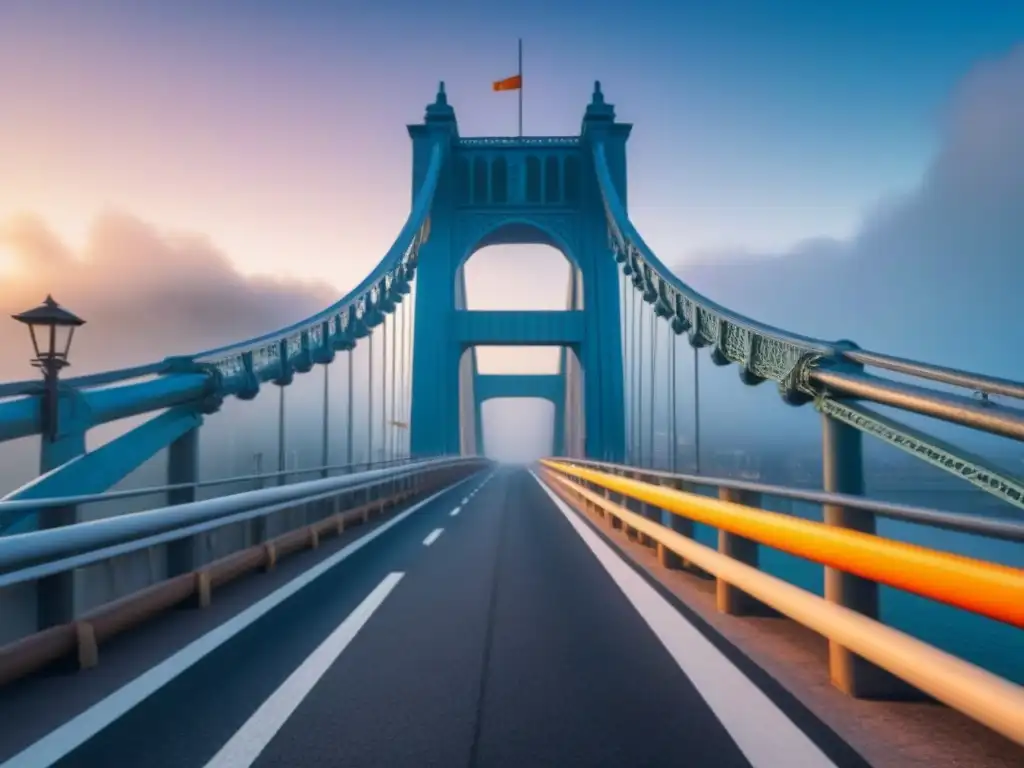 Blueprint de puente innovador en 8K Vista detallada de un puente moderno conectando dos paisajes urbanos, con anotaciones sobre su diseño innovador