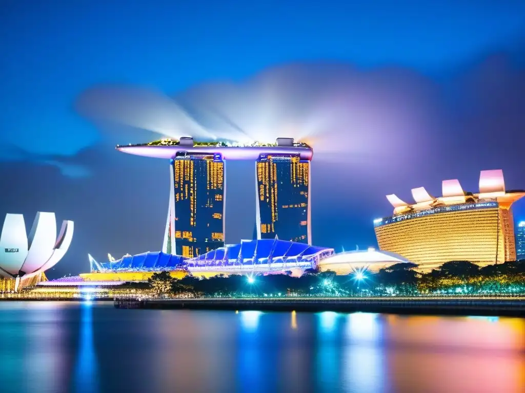 Horizonte futurista de Singapur: Marina Bay en la noche Vista detallada del skyline futurista de Singapur con el Marina Bay Sands y rascacielos iluminados
