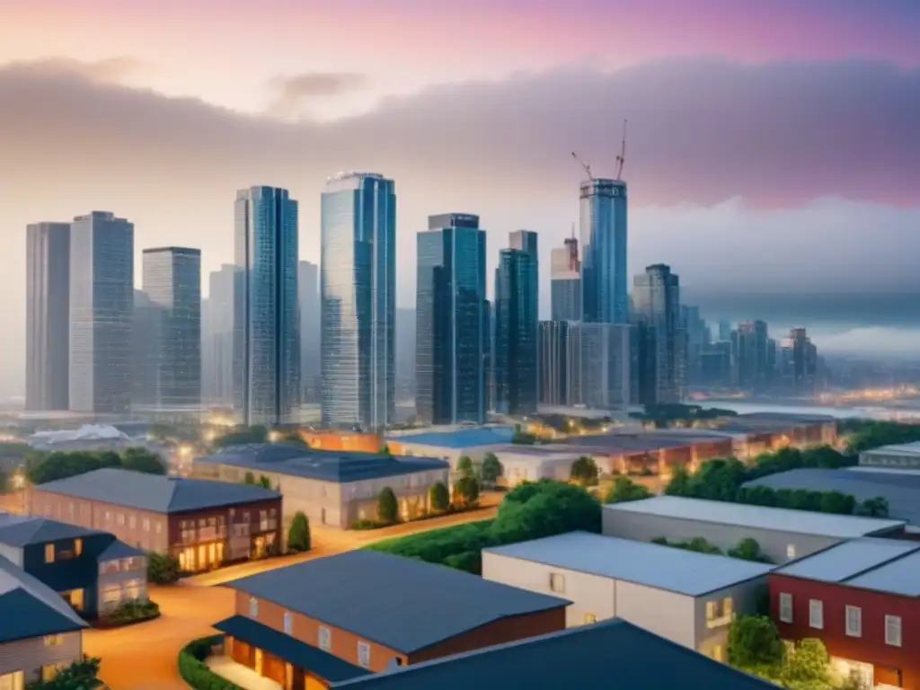 Diversidad de propiedades en skyline urbano: imagen detallada en 8k Una vista detallada de un skyline urbano con diversidad de propiedades y niveles de riesgo inversión inmobiliaria por ubicación