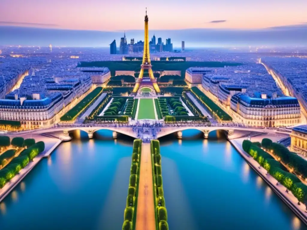 Horizonte de París al anochecer: luces, modernidad y elegancia Vista detallada de París al anochecer, con la Torre Eiffel y río Sena, reflejando luces en el agua