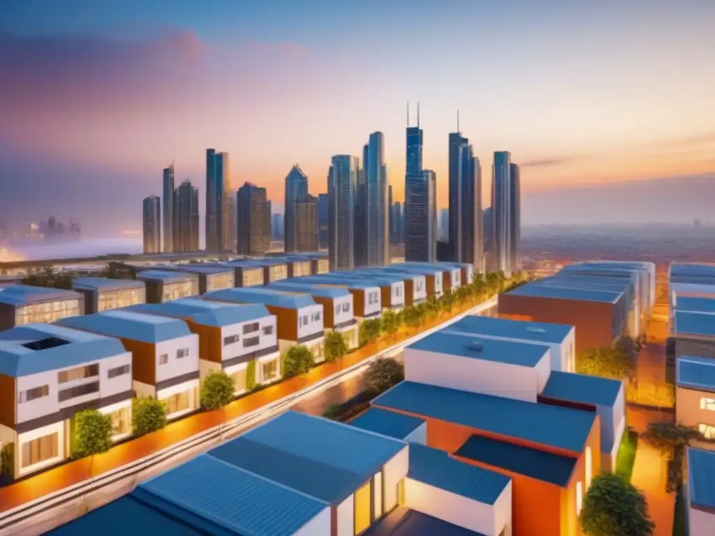 Portafolio inmobiliario diversificado al atardecer Vista de una diversa cartera de inversiones inmobiliarias en una ciudad moderna al atardecer