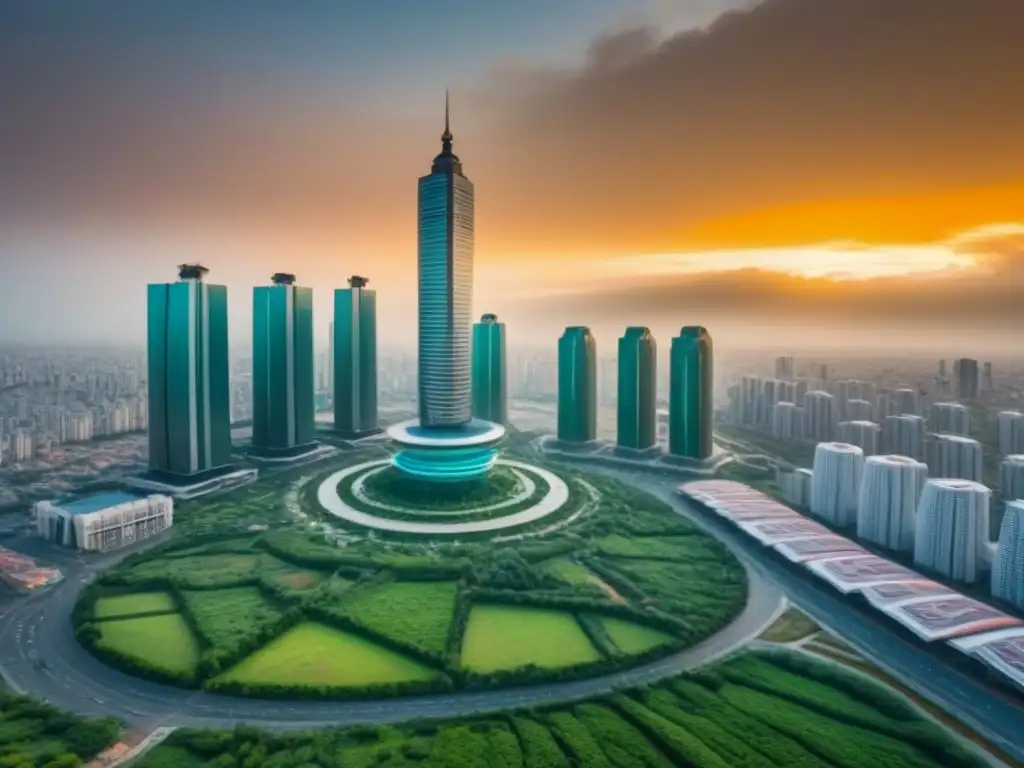Metrópolis futurista en África: desarrollo inmobiliario innovador Vista futurista de una ciudad africana con rascacielos, arquitectura innovadora y espacios verdes