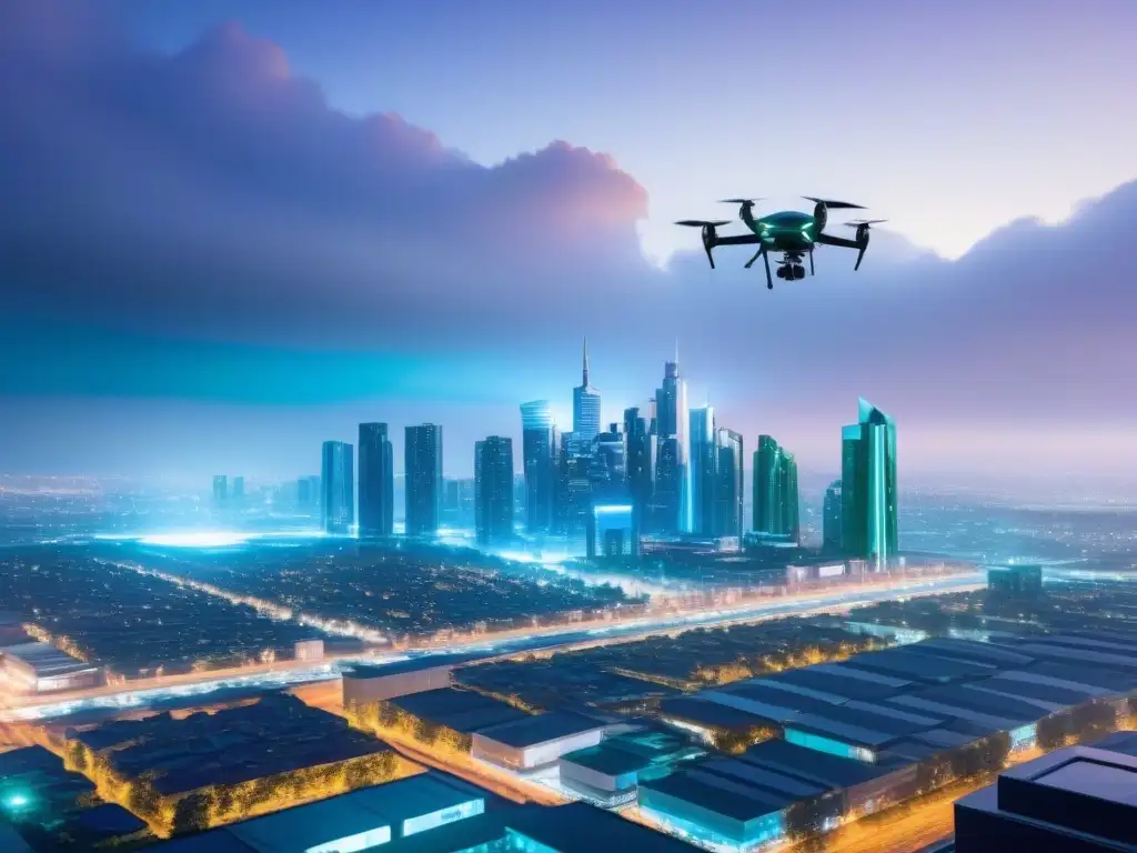 Cityscape futurista con seguridad avanzada y seguros de protección Vista futurista de una ciudad con alta tecnología y la importancia de seguros inmobiliarios