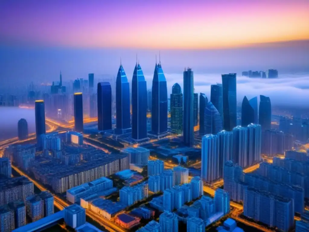 Vista futurista de ciudad al anochecer con arquitectura innovadora y tecnología avanzada, iluminada por luces vibrantes