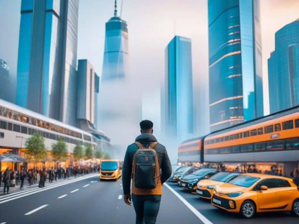 Metrópolis futurista: diversidad y sostenibilidad en la ciudad del mañana Vista futurista de la ciudad con arquitectura avanzada y transporte integrado, reflejando tendencias inmobiliarias cambios demográficos