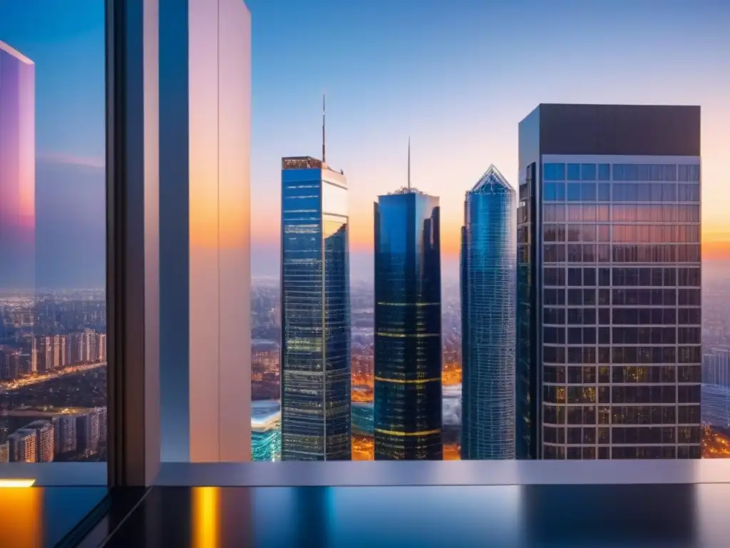 Horizonte urbano futurista al atardecer: luces y contrastes inmobiliarios Vista futurista de la ciudad al atardecer, con rascacielos iluminados reflejando el sol
