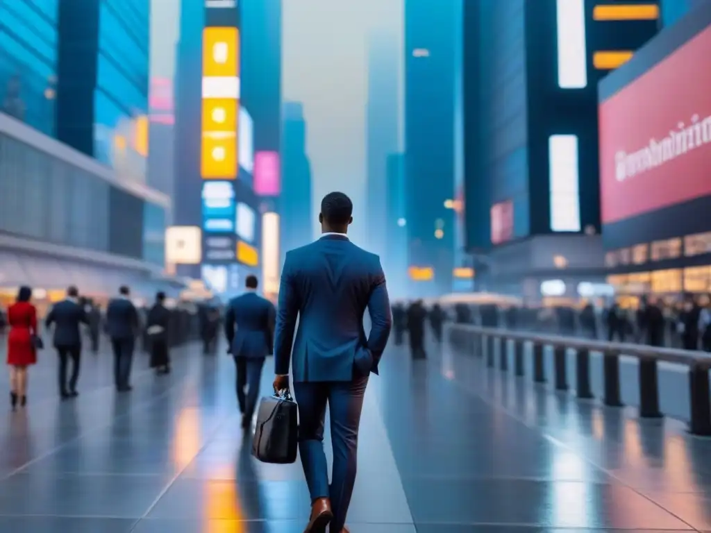 Metrópolis futurista al atardecer: innovación en el mercado inmobiliario Vista futurista de la ciudad al atardecer con rascacielos y profesionales caminando, reflejando la normativa local mercado inmobiliario