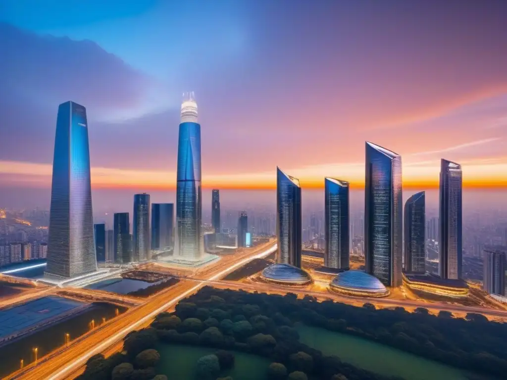 Metrópolis futurista con IA: revolución inmobiliaria Vista futurista de la ciudad al atardecer con rascacielos brillantes y una herramienta de valoración inmobiliaria AI