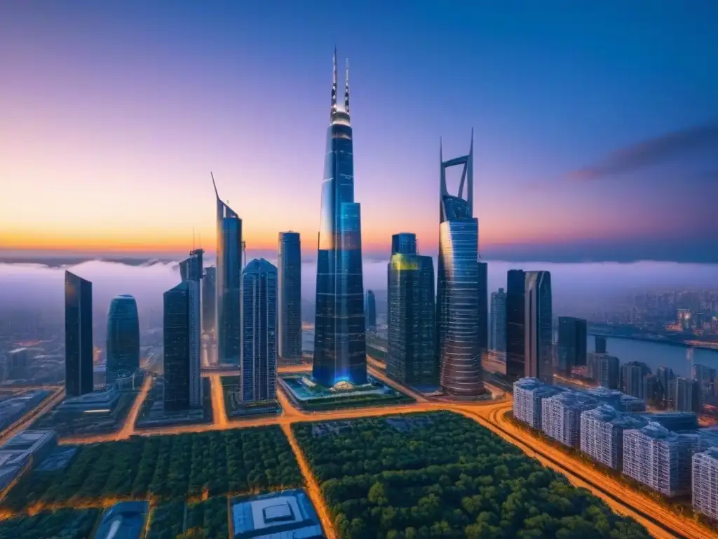 Metrópolis futurista en 8k: tecnología verde y armonía urbana Vista futurista de la ciudad al atardecer con tecnología avanzada y finanaciamiento inmobiliario con Proptech