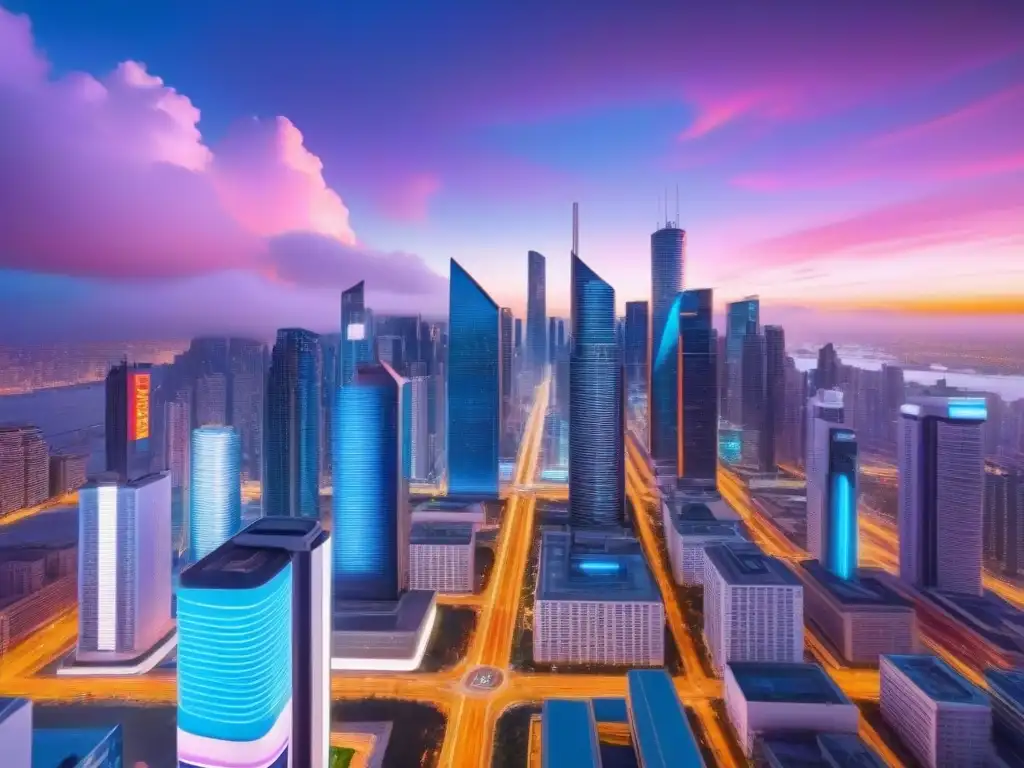Metrópolis futurista: luces neón y vehículos autónomos en acción Vista futurista de la ciudad al atardecer, con rascacielos iluminados y vehículos autónomos