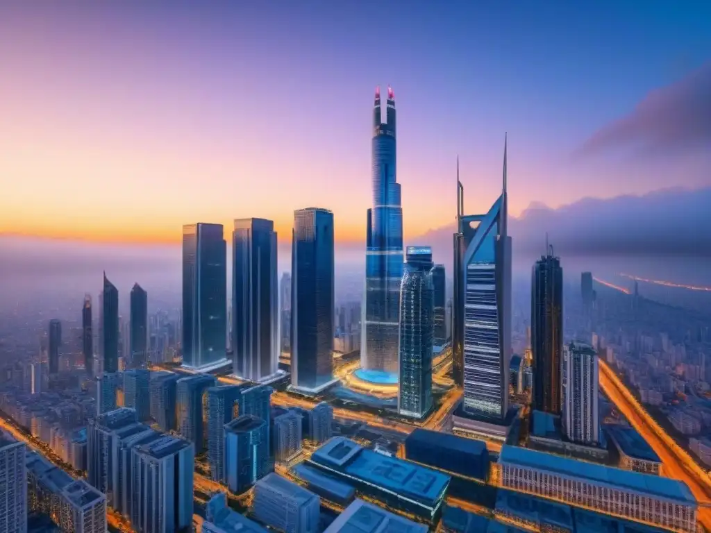 Metrópolis futurista: IA en financiamiento inmobiliario Vista futurista de ciudad al atardecer con rascacielos iluminados y drones, Integración de Inteligencia Artificial en Préstamos Inmobiliarios