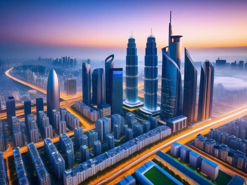 Skyline futurista: innovación y sostenibilidad urbana Vista futurista de una ciudad al atardecer, con rascacielos innovadores y características energéticamente eficientes