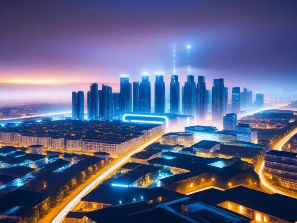Metrópolis futurista: Integración blockchain en bienes raíces Vista futurista de una ciudad conectada digitalmente, simbolizando inversiones inmobiliarias con blockchain