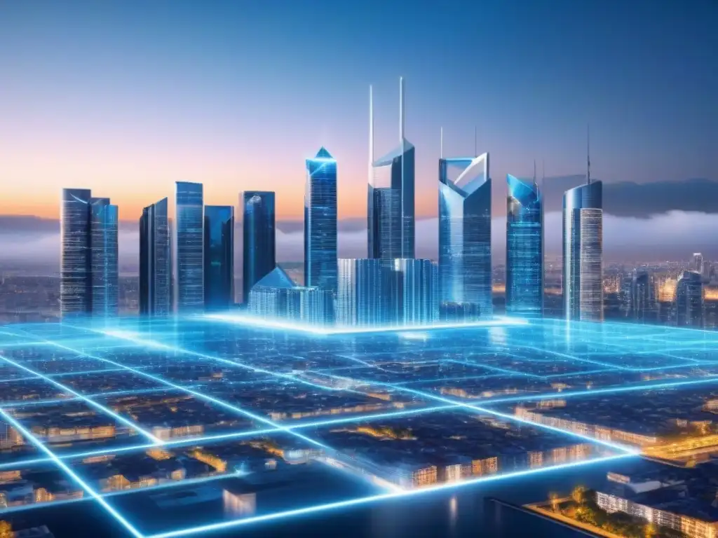 Vista futurista de una ciudad con contratos inteligentes en finanzas inmobiliarias