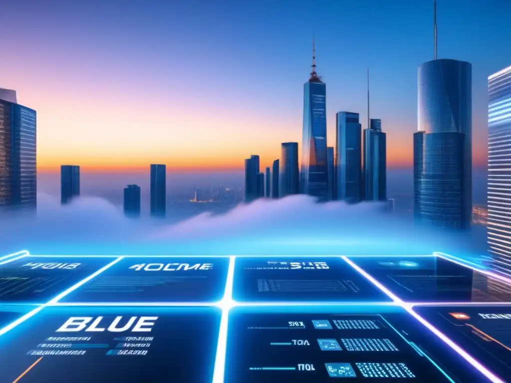Contratos inteligentes en la ciudad del futuro: revolución en bienes raíces Vista futurista de la ciudad al amanecer con contratos inteligentes en inmobiliaria