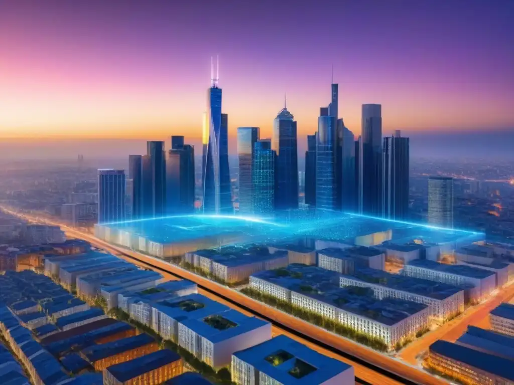 Metrópolis Futurista: Integración de Big Data en Inversiones Inmobiliarias Vista futurista de una ciudad con datos proyectados en edificios, fusionando innovación y Inversión inmobiliaria basada en datos