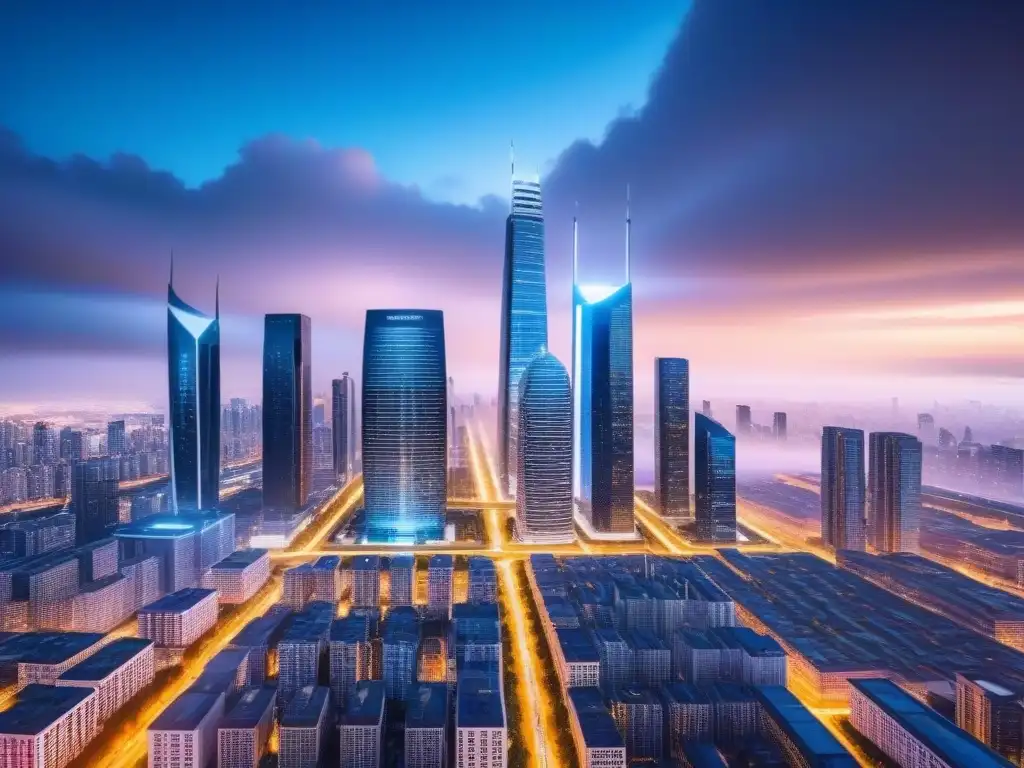 Metrópolis futurista: integración de blockchain en bienes raíces Vista futurista de ciudad digital con rascacielos y tecnología blockchain, destacando la tokenización de bienes raíces digitales