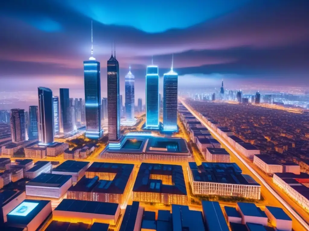 Smart contracts revolucionan la transparencia inmobiliaria Vista futurista de una ciudad digital con rascacielos transparentes y drones realizando inspecciones inmobiliarias