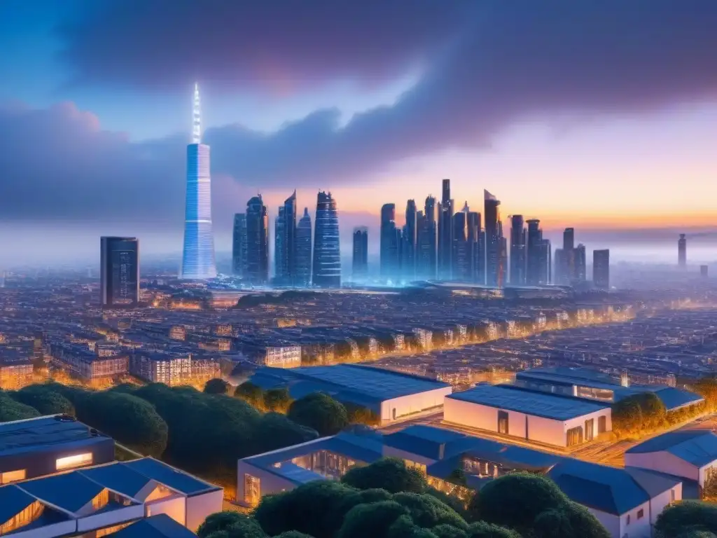 Metrópolis futurista: drones AI valuando propiedades en tiempo real Vista futurista de ciudad con drones y robots AI evaluando propiedades