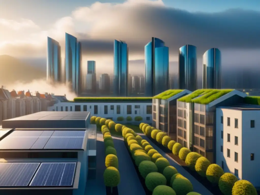 Vista futurista de ciudad con edificios híbridos innovadores y tecnología avanzada