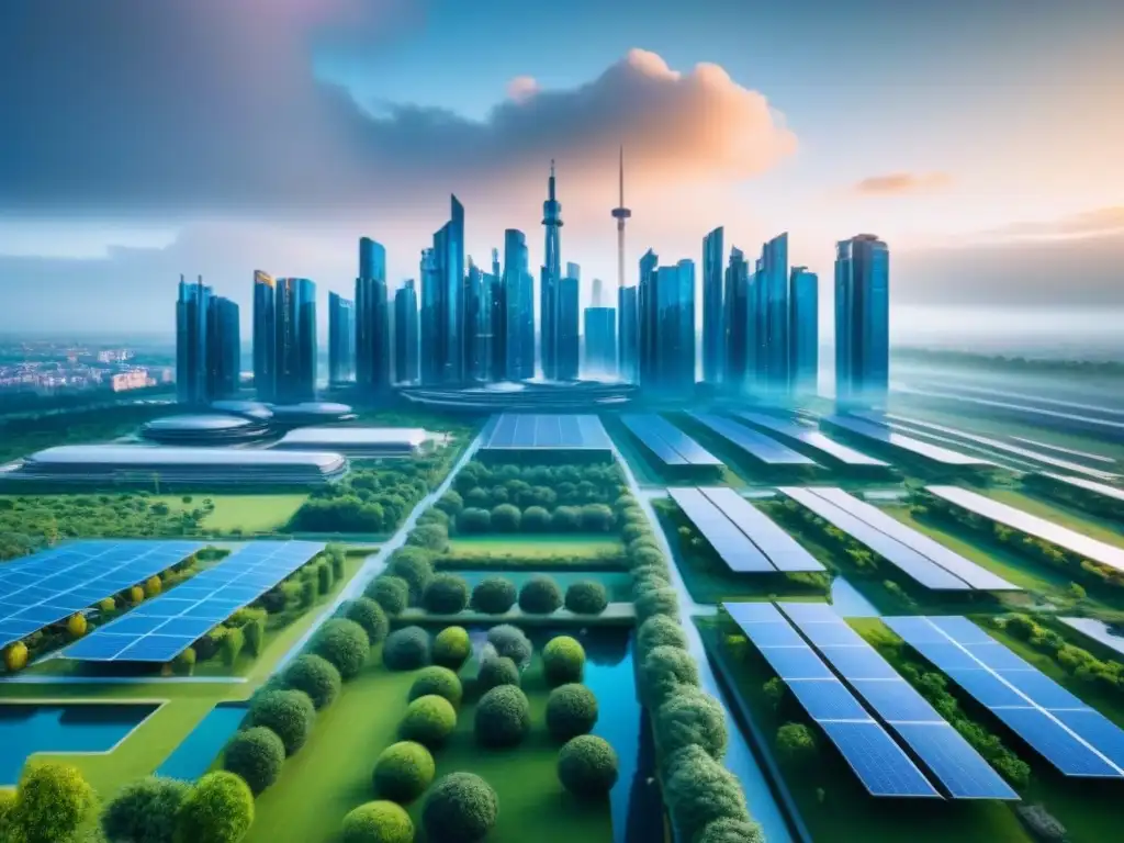 Metrópolis futurista: tecnología AI y sostenibilidad urbana Vista futurista de la ciudad con edificios inteligentes y tecnología AI en financiamiento inmobiliario