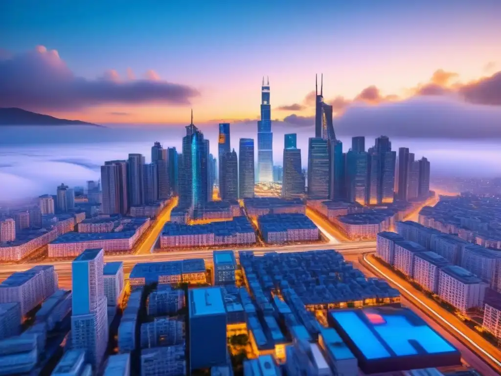 Metrópolis futurista: edificios blockchain transparentes Vista futurista de una ciudad con edificios blockchain conectados, simbolizando el cambio y transparencia en financiamiento inmobiliario
