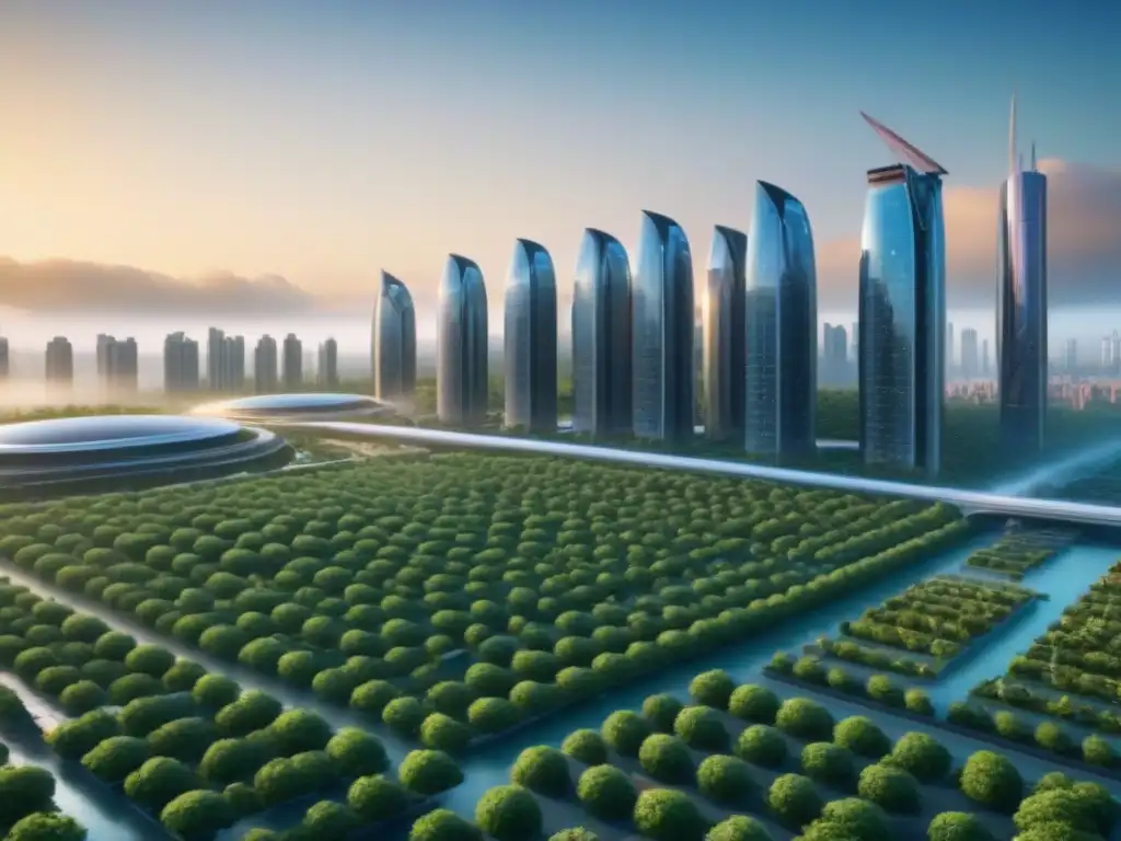 Metrópolis futurista: progreso y sostenibilidad en arquitectura urbana Vista futurista de una ciudad con edificios sostenibles y avanzados, simbolizando la conexión entre estrategias de inversión y políticas de vivienda