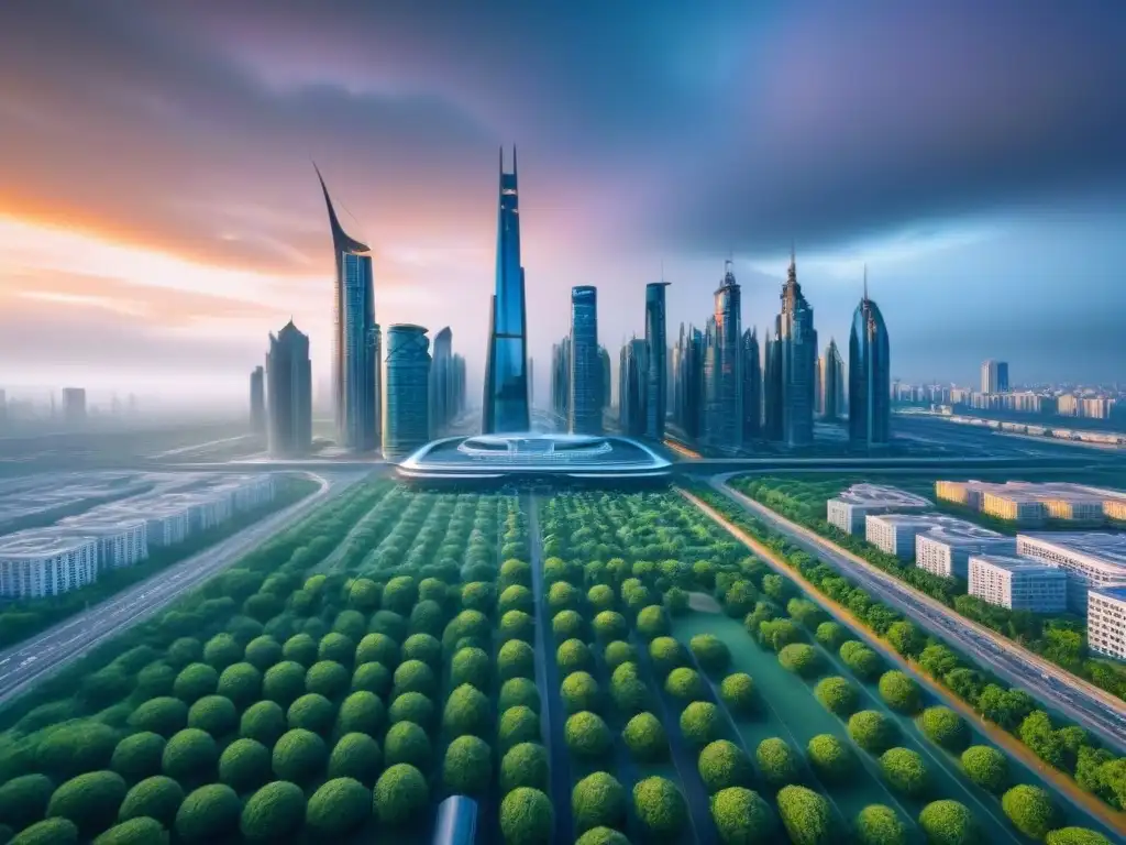 Metrópolis futurista: innovación y sostenibilidad en la ciudad Vista futurista de la ciudad con edificios modernos y espacios verdes, reflejando innovación y sostenibilidad en políticas de vivienda mercado