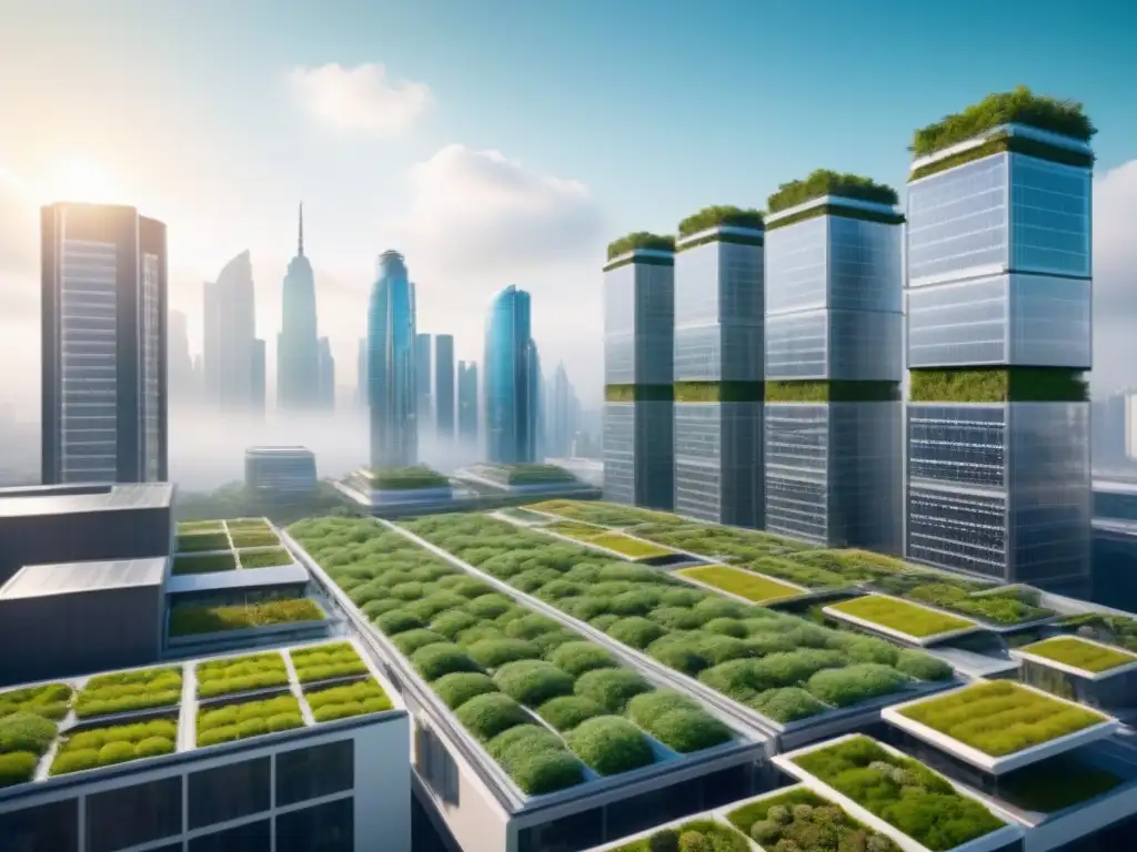 Metrópolis futurista: arquitectura sostenible en armonía con la naturaleza Vista futurista de la ciudad con edificios verdes integrados, simbolizando la importancia del financiamiento verde en el desarrollo urbano sostenible