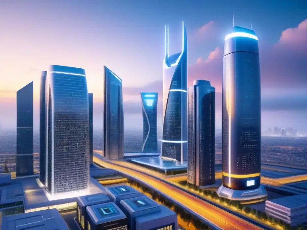 Metrópolis futurista: tecnología y automatización en la ciudad Vista futurista de la ciudad con edificios automatizados y tecnología avanzada, reflejando la automatización en préstamos inmobiliarios