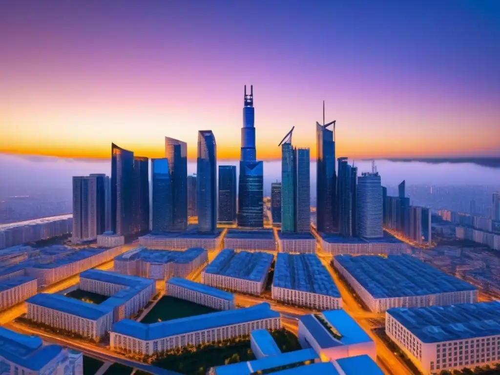 Vista futurista de la ciudad con edificios interconectados por cadenas de blockchain, simbolizando la inversión inmobiliaria con Blockchain