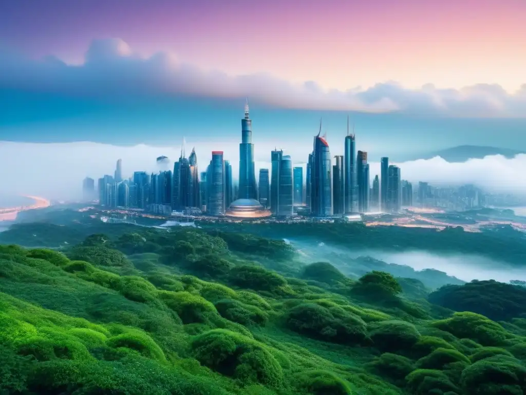 Skyline futurista: naturaleza y tecnología en armonía Vista futurista de la ciudad con edificios modernos y vegetación, simbolizando adaptarse en el Nuevo Panorama