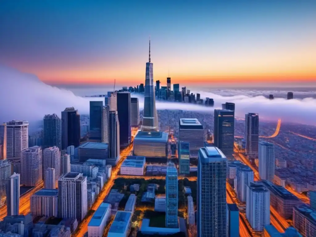 Metrópolis futurista: Estadísticas de crowdfunding inmobiliario Vista futurista de una ciudad con estadísticas de crowdfunding inmobiliario, simbolizando la economía del futuro