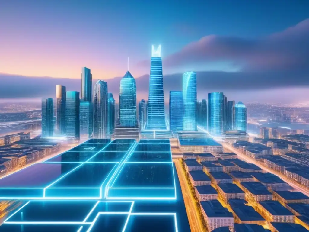 Holografía urbana: IA en gestión de REITs Vista futurista de una ciudad holográfica conectada, con tecnologías emergentes en REITs comerciales