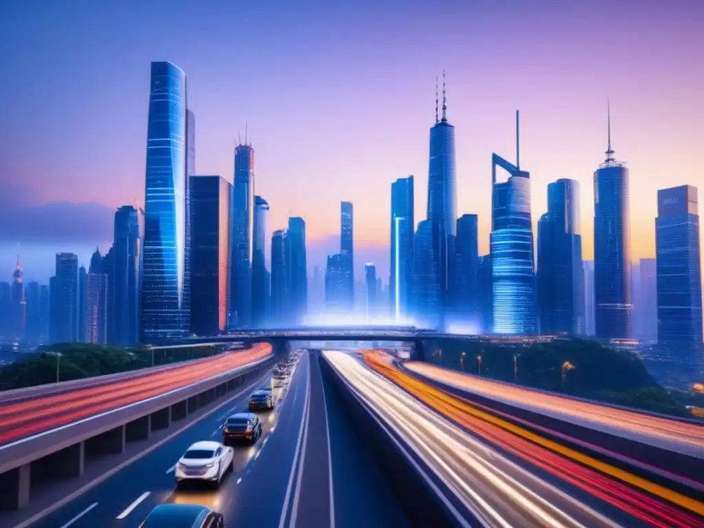 Una vista futurista de una ciudad iluminada al anochecer, con rascacielos, autopistas y pantallas digitales