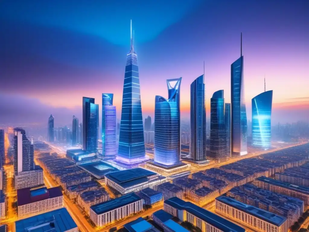 Metrópolis futurista: rascacielos tecnológicos en el crepúsculo Vista futurista de una ciudad iluminada al anochecer, reflejando innovación y tecnología en la inversión inmobiliaria