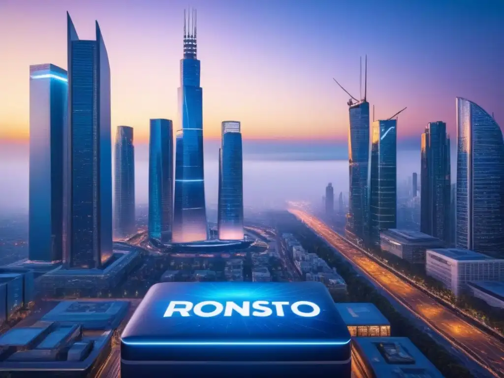 Metrópolis del mañana: tokenización inmobiliaria en acción Vista futurista de una ciudad al anochecer con tokenización inmobiliaria: beneficios y desafíos