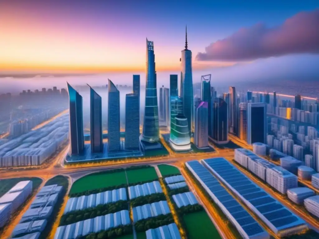 Metrópolis Futurista: Edificios Financieros Innovadores en la Ciudad Vista futurista de una ciudad con innovaciones financieras inmobiliarias, tecnología avanzada y espacios verdes