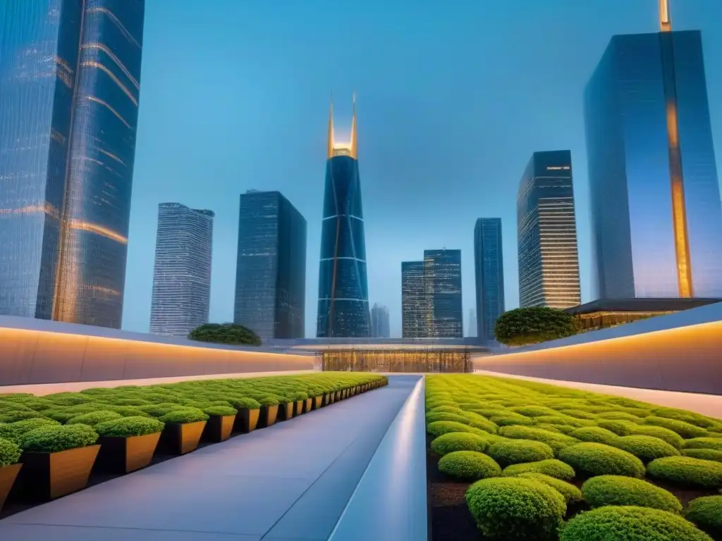 Horizonte urbano futurista: accesibilidad y sostenibilidad Vista futurista de la ciudad al anochecer, con innovadoras mejoras de accesibilidad en el mercado inmobiliario