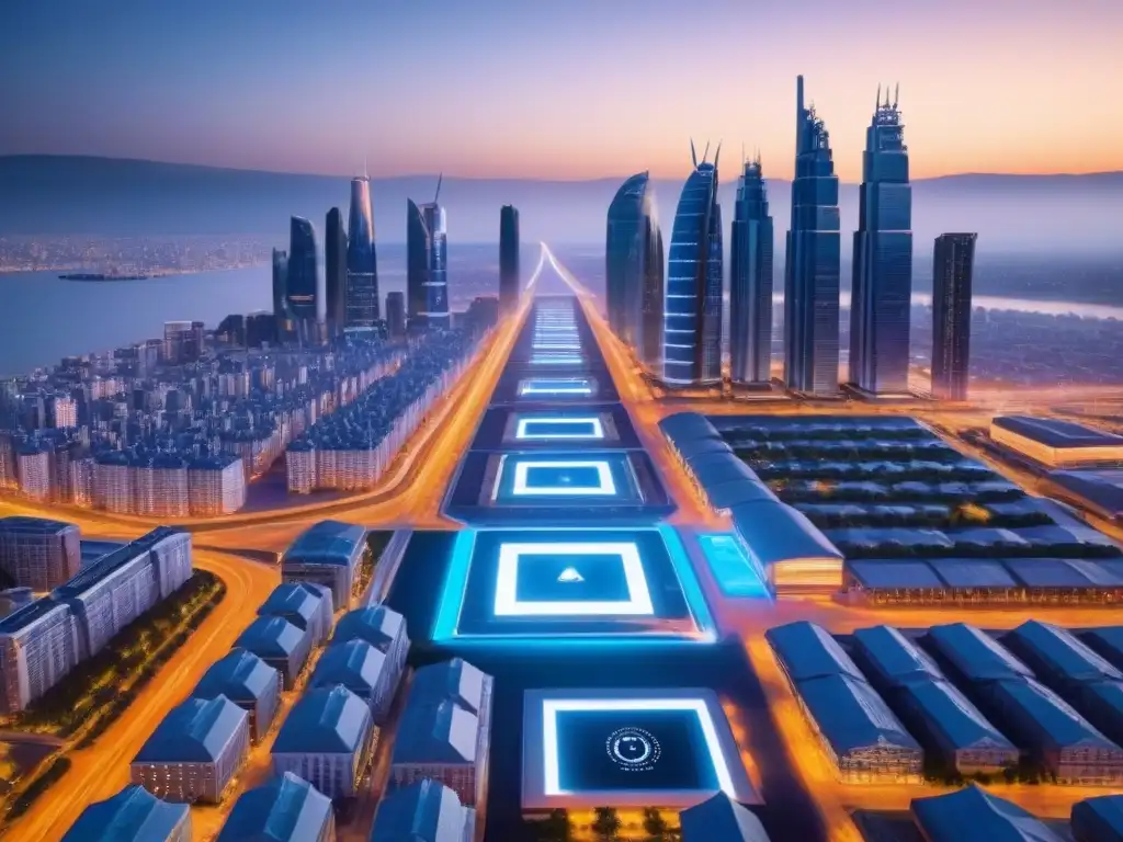 Ciudad futurista con inteligencia artificial en el análisis inmobiliario Vista futurista de una ciudad con inteligencia artificial para análisis inmobiliario