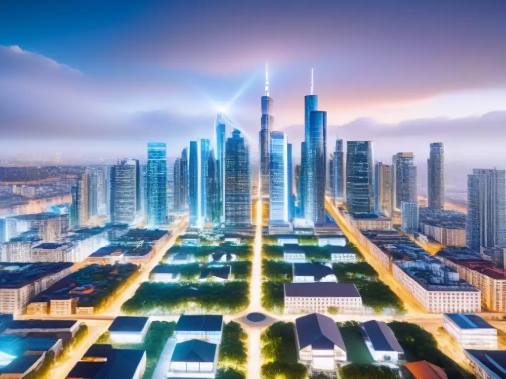Metrópolis futurista: revolución en valuación inmobiliaria con IA Vista futurista de una ciudad inteligente con análisis inmobiliario con inteligencia artificial
