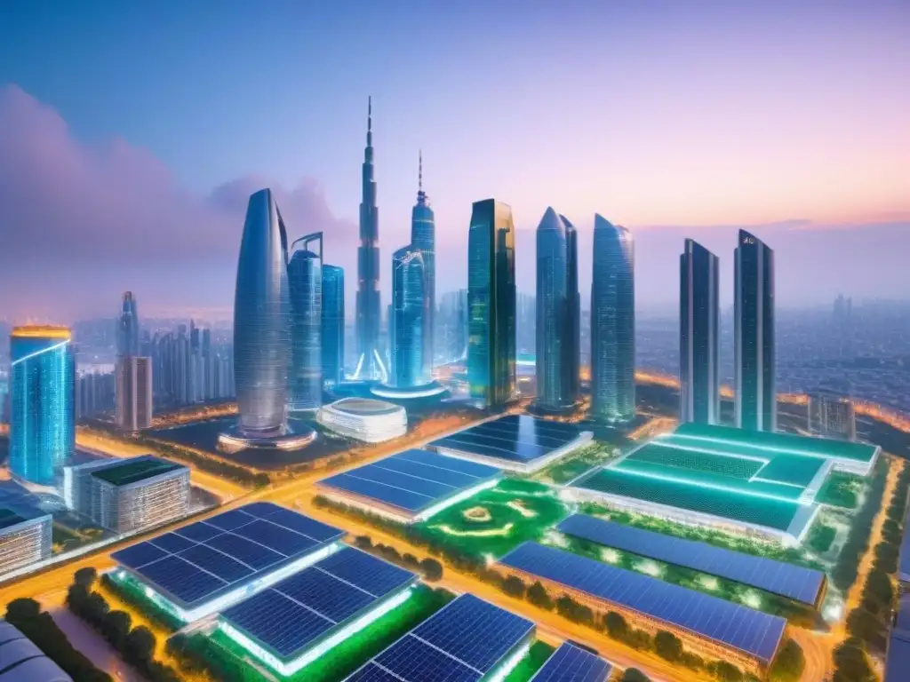 Futurista ciudad inteligente: skyline hitech y sostenible Vista futurista de ciudad inteligente al anochecer con tecnología cumplimiento normativo sector inmobiliario