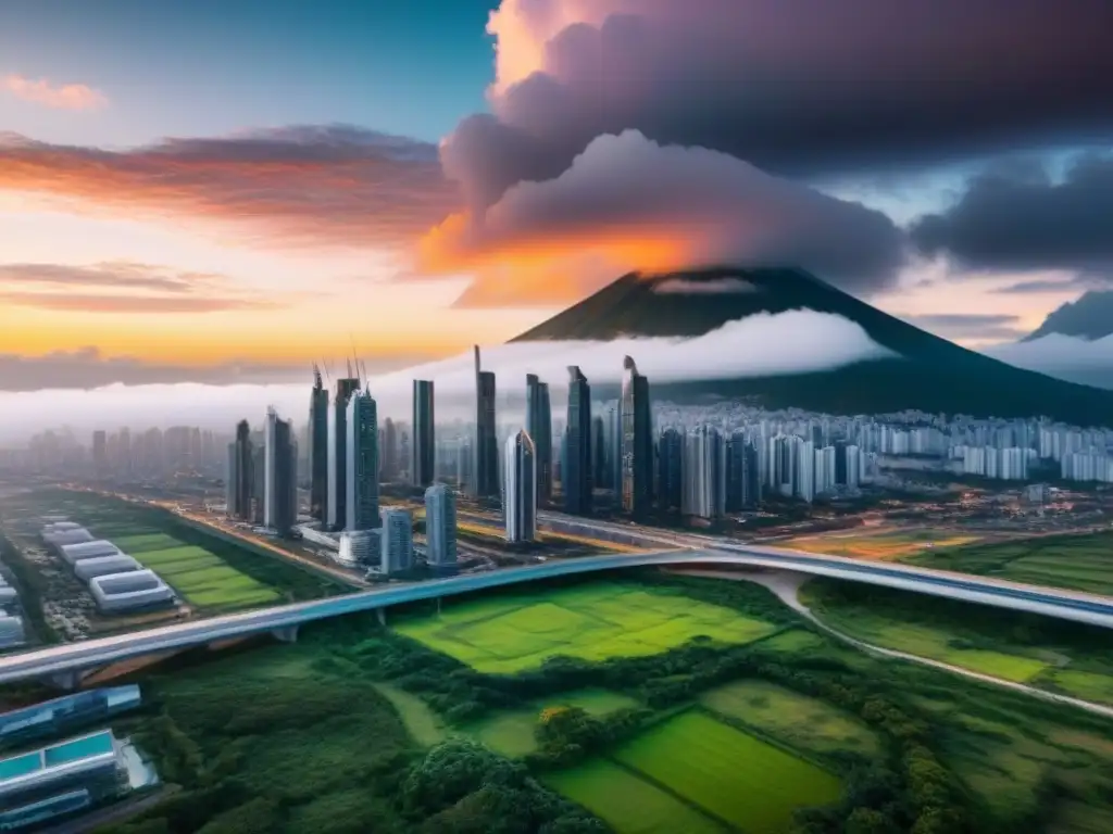 Metrópolis futurista en Latinoamérica: real estate financiero Vista futurista de una ciudad en América Latina, con rascacielos, áreas verdes y sistemas de transporte avanzados, simbolizando el futuro del financiamiento inmobiliario en la región