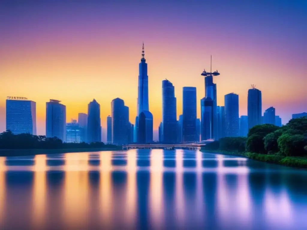 Horizonte urbano futurista al atardecer: inversión inmobiliaria Vista futurista de una ciudad moderna al atardecer, con rascacielos iluminados junto a un río tranquilo