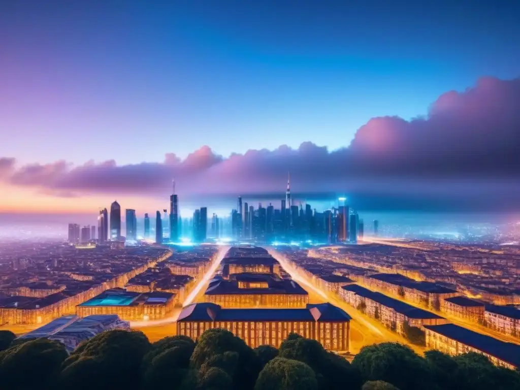Blockchain: Ciudad futurista encriptada al anochecer Vista futurista de una ciudad con nodos blockchain sobre edificios, destacando la seguridad en la propiedad inmobiliaria con tecnología Blockchain
