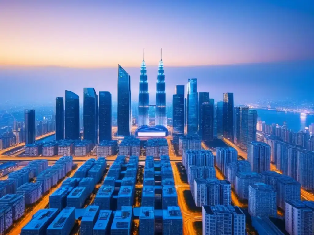 Skyline futurista con tecnología blockchain en la financiación inmobiliaria Vista futurista de la ciudad con patrones de blockchain en rascacielos, reflejando innovación en financiamiento inmobiliario