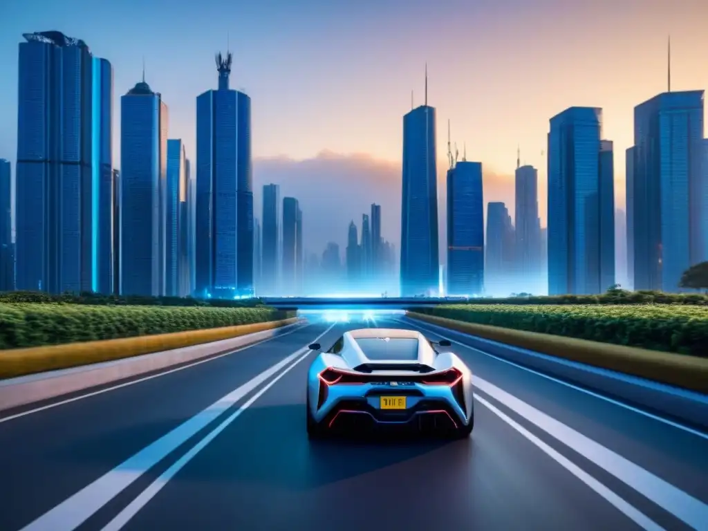 Metrópolis futurista: luces azules y rascacielos al atardecer Vista futurista de una ciudad con productos financieros híbridos rentabilidad inversiones