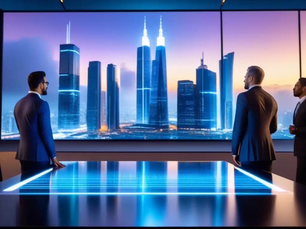 Metrópolis futurista: negocios y tecnología avanzada Vista futurista de una ciudad al anochecer con profesionales debatiendo sobre gestión de riesgos préstamos inmobiliarios